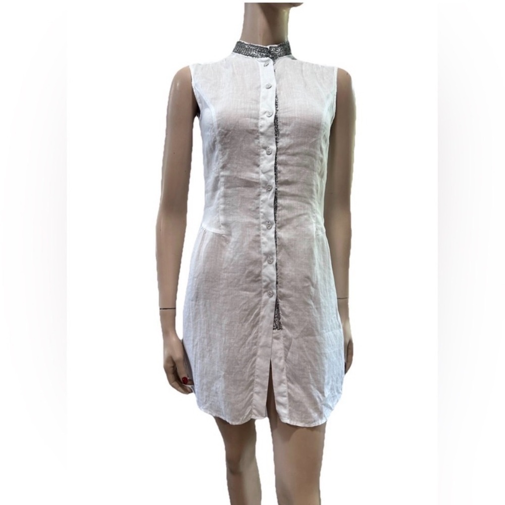 Max Volmáry White Sleeveless Dress Button-Front Linen Tunic with Contrast Trim